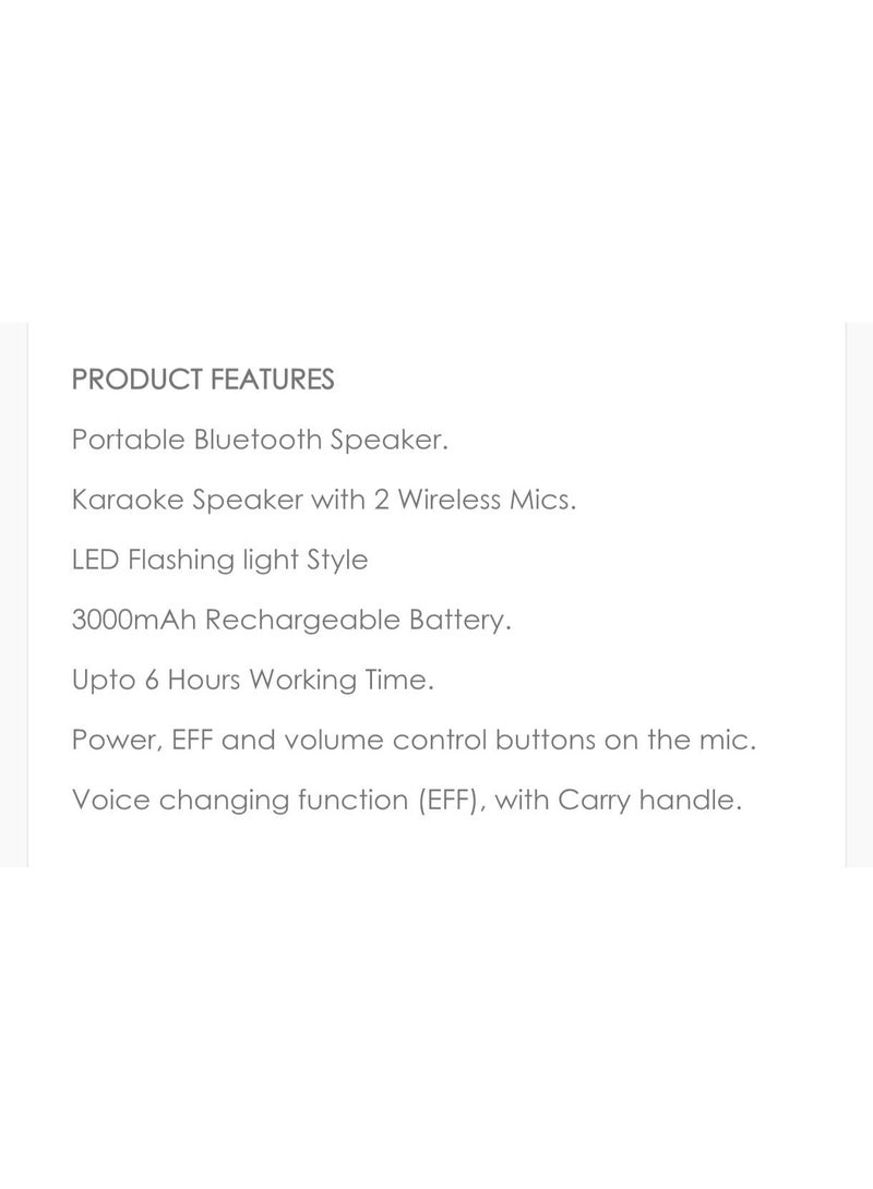 مكبر صوت بلوتوث محمول مع 2 ميكروفون للكاريوكي - قابل للشحن، وقت تشغيل لمدة 6 ساعات، تعزيز الجهير - مثالي للحفلات والتجمعات العائلية والنزهات - Image 3