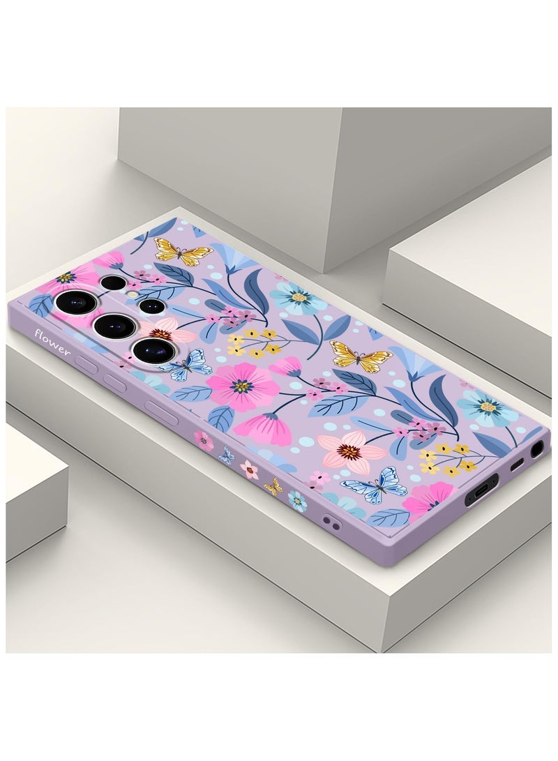 for Samsung S24 Ultra Case Flower Butterfly Pattern Design S24 Ultra Phone Cover Ultra Thin Soft Anti Drop Liquid Silicone Case for Samsung Galaxy S24 Ultra 6.8"-Flower Purple - Image 2