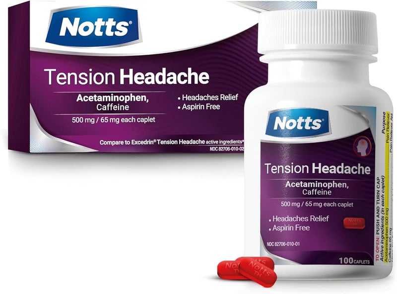 NOTTS Tension Headache Relief Without Aspirin for Head Neck  Shoulder Pain  100 Count Acetaminophen 500 mg Caffeine 65 mg Caplets for Aches Caused by Tension and Stress Headache Relief caplets - Image 1
