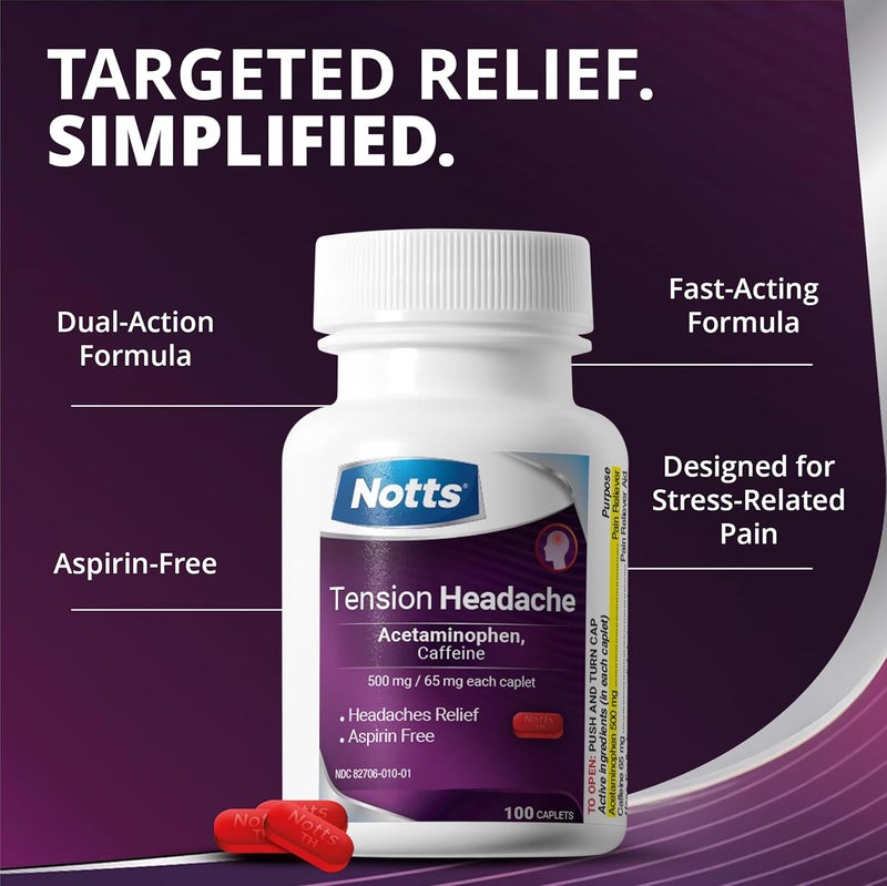 NOTTS Tension Headache Relief Without Aspirin for Head Neck  Shoulder Pain  100 Count Acetaminophen 500 mg Caffeine 65 mg Caplets for Aches Caused by Tension and Stress Headache Relief caplets - Image 2