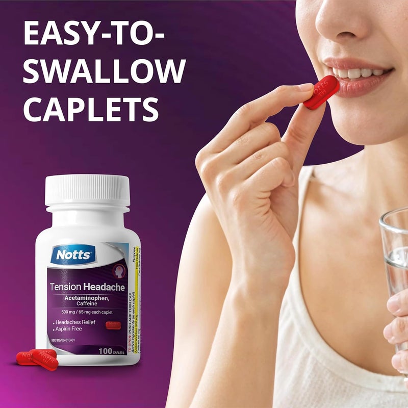 NOTTS Tension Headache Relief Without Aspirin for Head Neck  Shoulder Pain  100 Count Acetaminophen 500 mg Caffeine 65 mg Caplets for Aches Caused by Tension and Stress Headache Relief caplets - Image 3