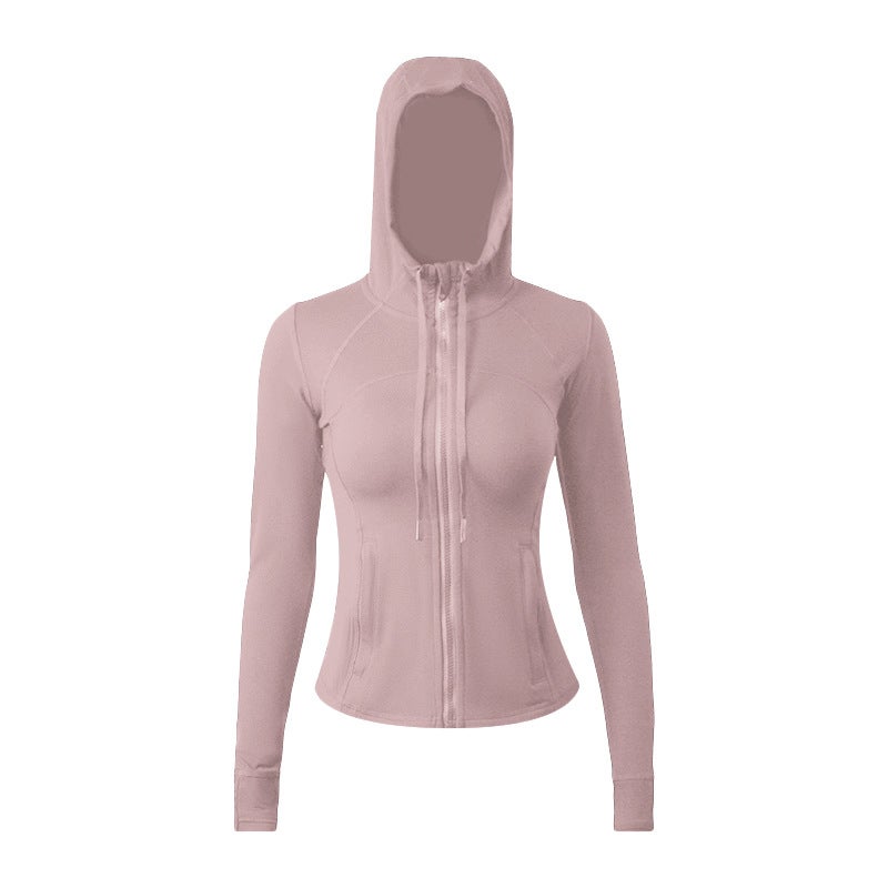 Nariele Yoga clothes double-sided brushed womens sports hooded jacket womens high elastic zipper jacket cardigan slim fit nude Pink mist 033 hoodie
