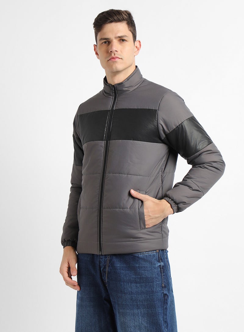 Dennis Lingo Dark Grey Regular Fit Men's Colourblocked Mock Neck Full Sleeves Polyester Jacket with Zipper Closure  - Image 1