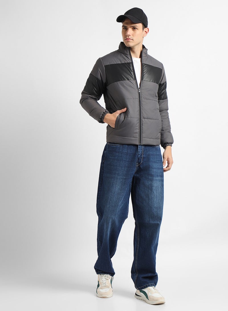 Dennis Lingo Dark Grey Regular Fit Men's Colourblocked Mock Neck Full Sleeves Polyester Jacket with Zipper Closure  - Image 5