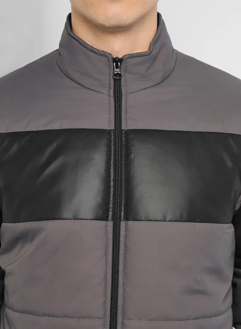 Dennis Lingo Dark Grey Regular Fit Men's Colourblocked Mock Neck Full Sleeves Polyester Jacket with Zipper Closure