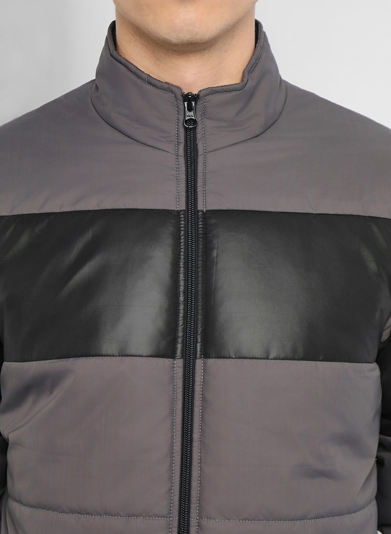 Dennis Lingo Dark Grey Regular Fit Men's Colourblocked Mock Neck Full Sleeves Polyester Jacket with Zipper Closure  - Image 3