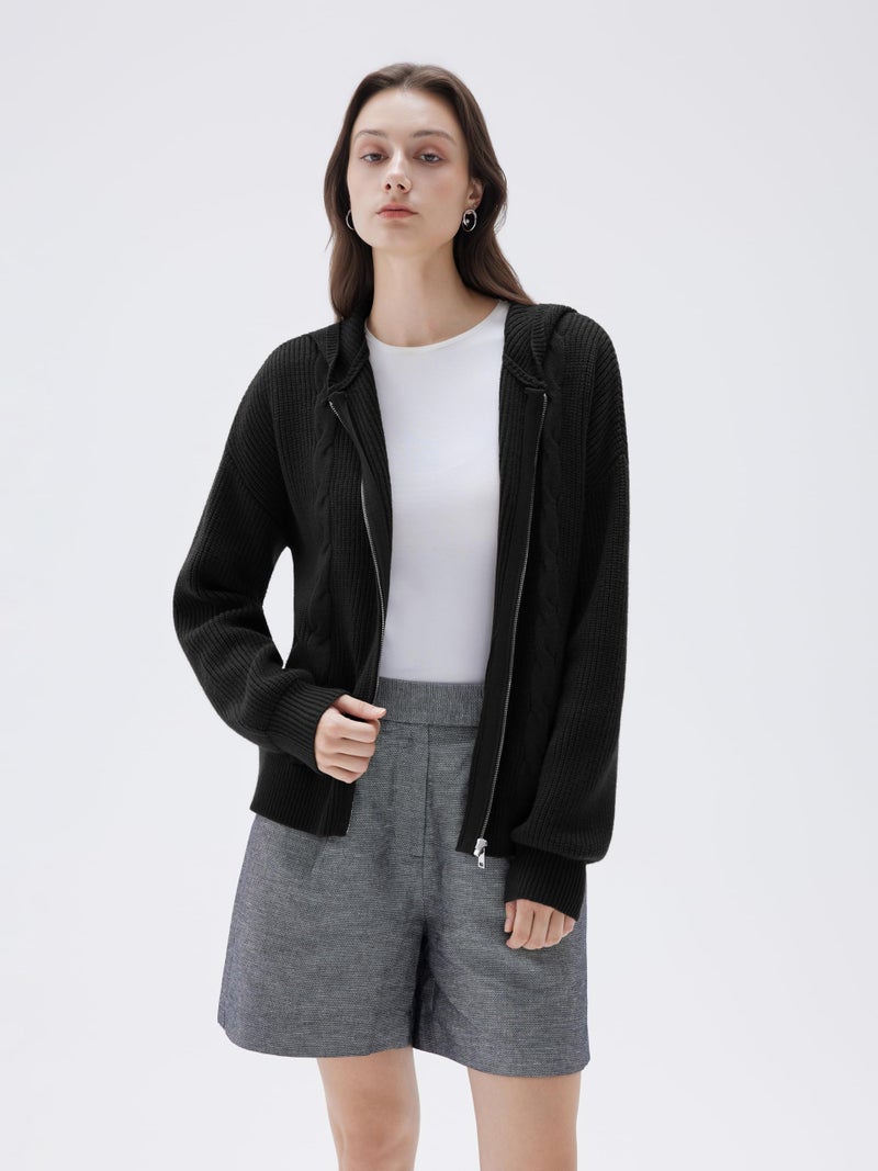 SUUKSESS Women Chunky Knit Cashmere Blend Sweaters Zip up Oversized Hoodies Cardigan with Pockets Long Sleeve Fall Jackets Outerwear (Black, L) - Image 3
