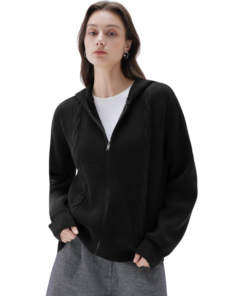 SUUKSESS Women Chunky Knit Cashmere Blend Sweaters Zip up Oversized Hoodies Cardigan with Pockets Long Sleeve Fall Jackets Outerwear (Black, L) - Image 1