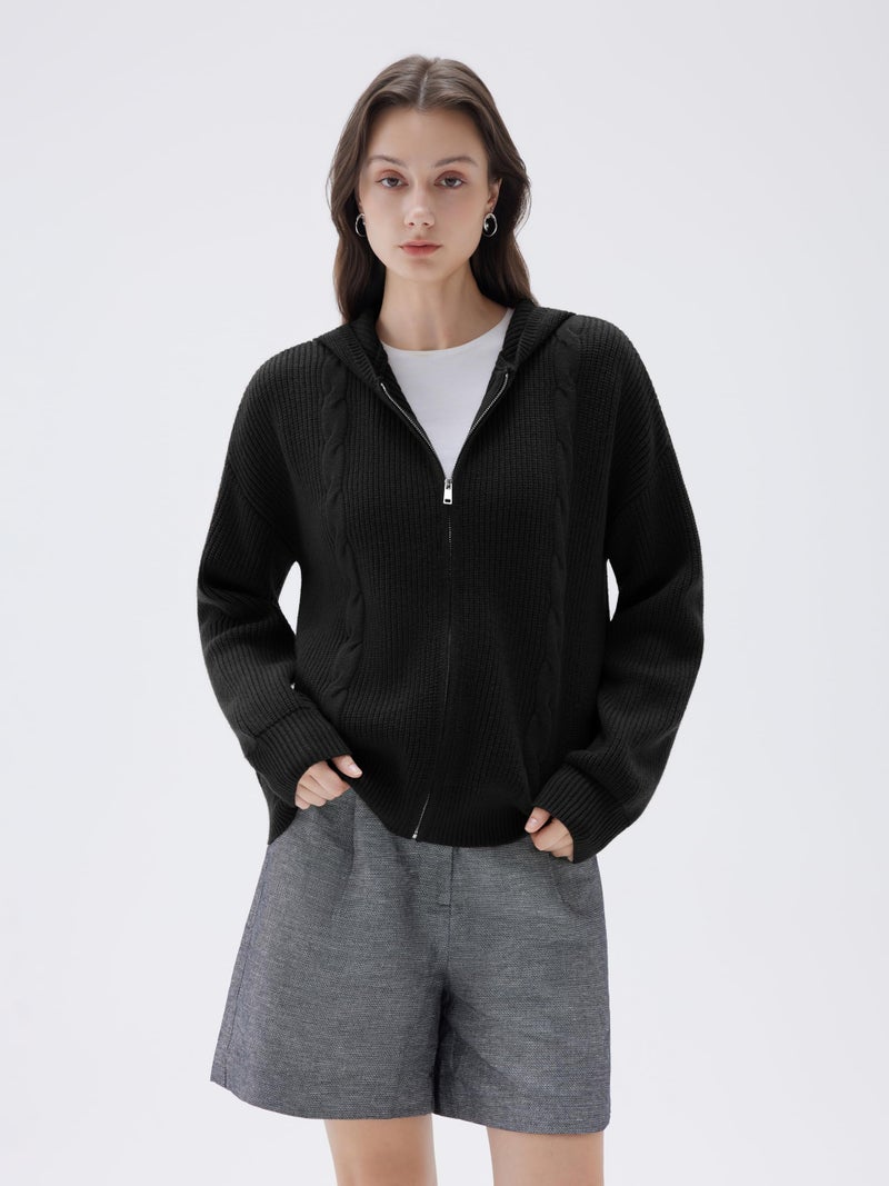 SUUKSESS Women Chunky Knit Cashmere Blend Sweaters Zip up Oversized Hoodies Cardigan with Pockets Long Sleeve Fall Jackets Outerwear (Black, L) - Image 5