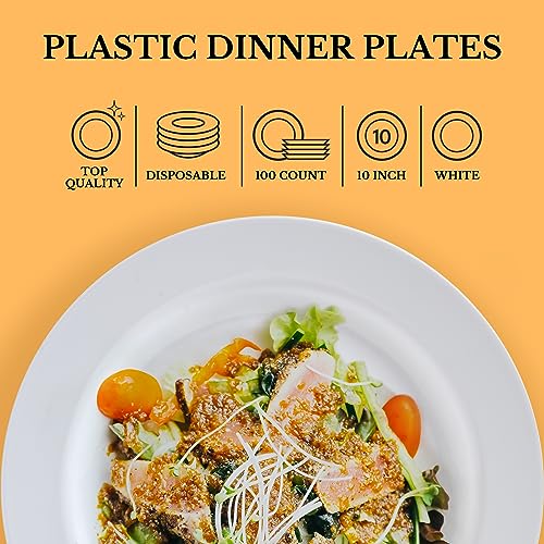 FOCUSLINE 100 Count White Plastic Plates 10 Inch, Disposable Heavy Duty Dinner Plates- Premium Hard Plastic Plates Fancy Disposable White Plates for Weddings, Parties and Events - Image 4