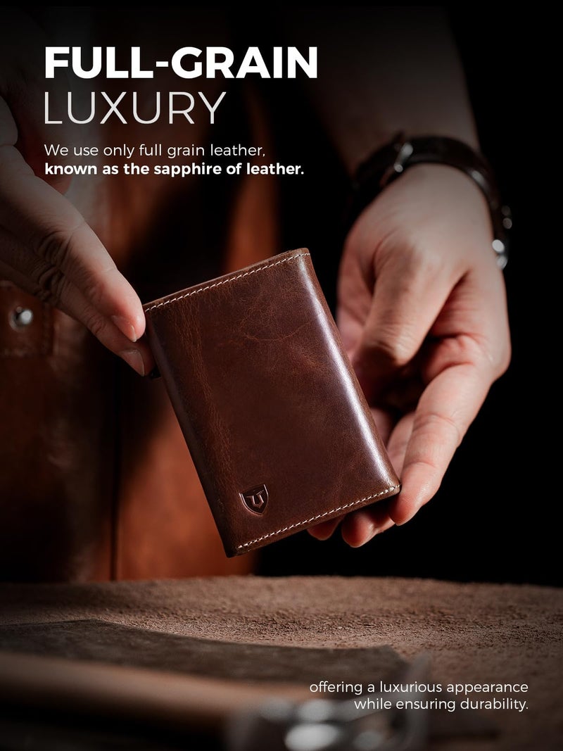 LORZOR Wallet for Men with Metal Card Holder, Pop Up Wallet, Finest Full Grain Leather Trifold Wallet, Smart, Minimalist, RFID Blocking, Front Pocket, ID Window, VintageBrown/Silver - Image 2