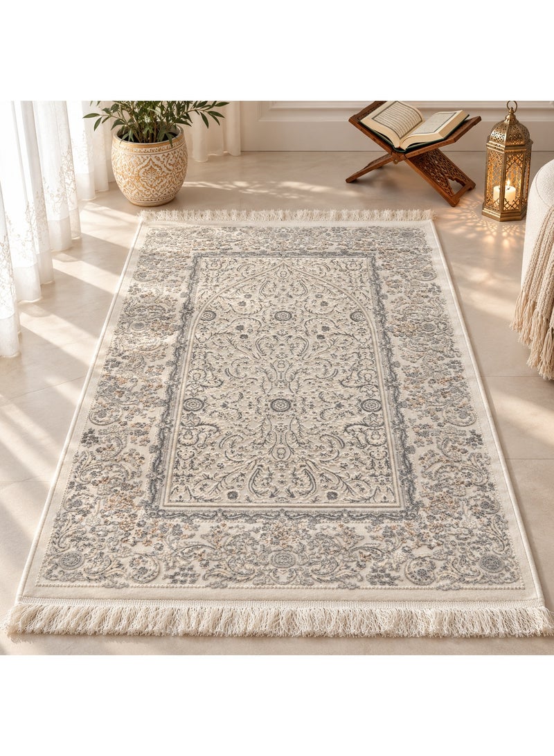 Traditional Prayer Mat 78 x 120 cm, Soft Velvet Polyester Salah Rug with Woven Backing, Tassel Fringe, Foldable Prayer Carpet for Home, Mosque & Travel – Cream Grey - Image 3