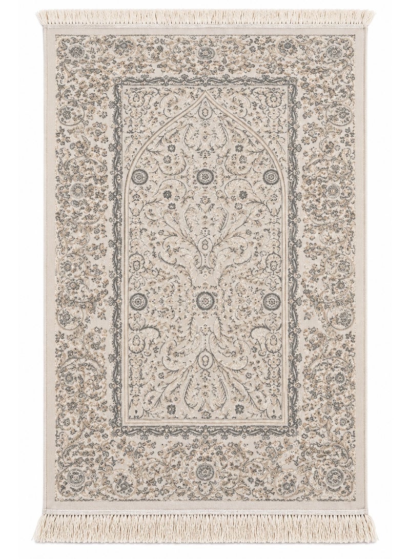 Traditional Prayer Mat 78 x 120 cm, Soft Velvet Polyester Salah Rug with Woven Backing, Tassel Fringe, Foldable Prayer Carpet for Home, Mosque & Travel – Cream Grey - Image 1