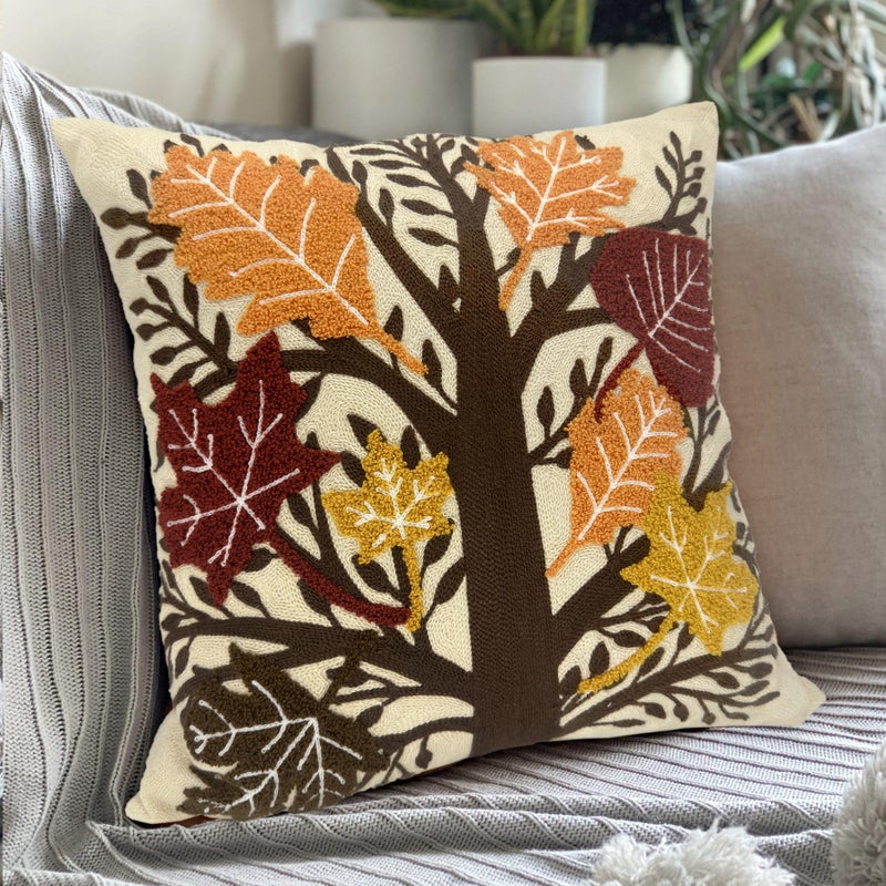 Alysheer Embroidered Fall Decorative Throw Pillow Cover 18""x 18""  Boho Farmhouse Cottage Tufted Embroidery Pattern Cotton Canvas Orange Cushion Case for Sofa Couch Bed Living Room Decor(Maple Leaves) - Image 2