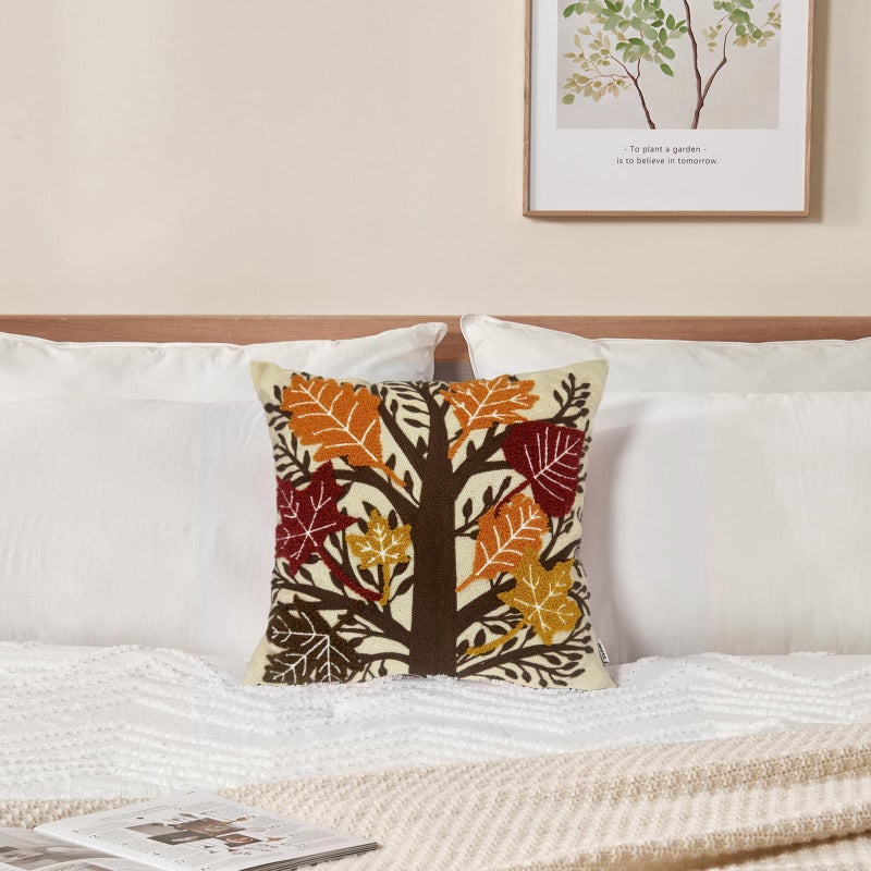 Alysheer Embroidered Fall Decorative Throw Pillow Cover 18""x 18""  Boho Farmhouse Cottage Tufted Embroidery Pattern Cotton Canvas Orange Cushion Case for Sofa Couch Bed Living Room Decor(Maple Leaves) - Image 3