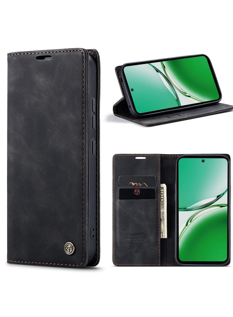 CaseMe Phone Case Luxury PU Leather Design 013 Flip Cover Card Slot Holder Cover For Oppo Reno 12F (Black) - Image 1