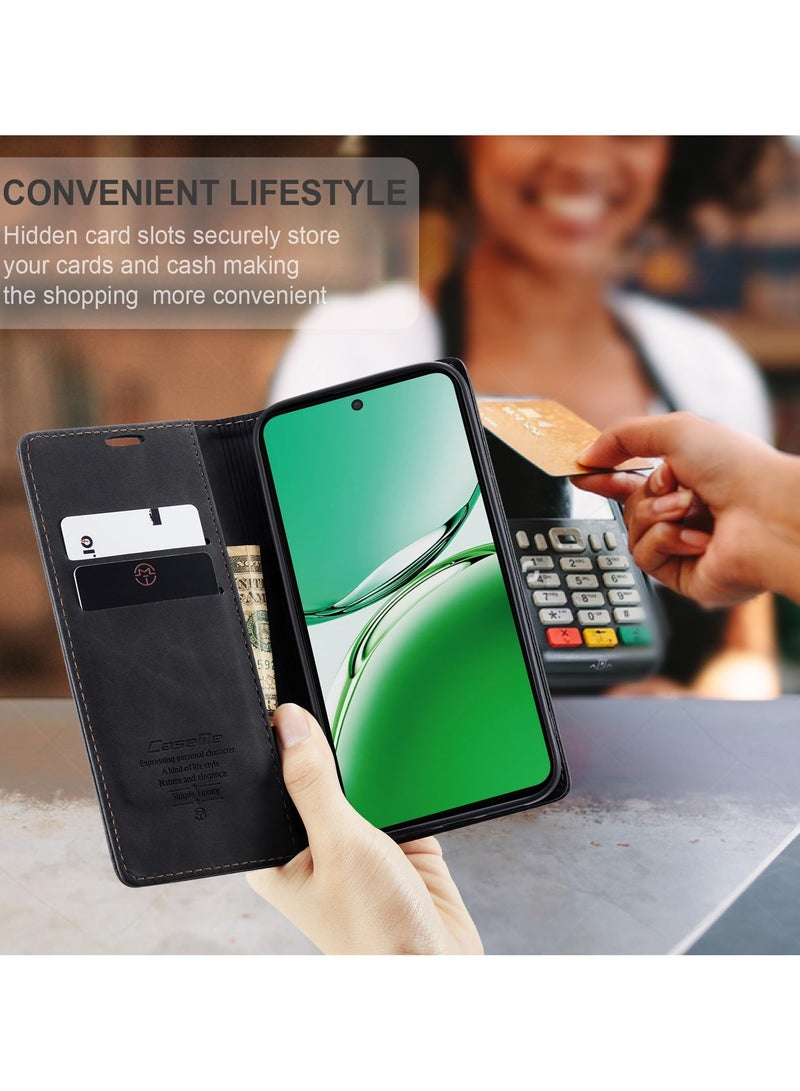 CaseMe Phone Case Luxury PU Leather Design 013 Flip Cover Card Slot Holder Cover For Oppo Reno 12F (Black) - Image 3
