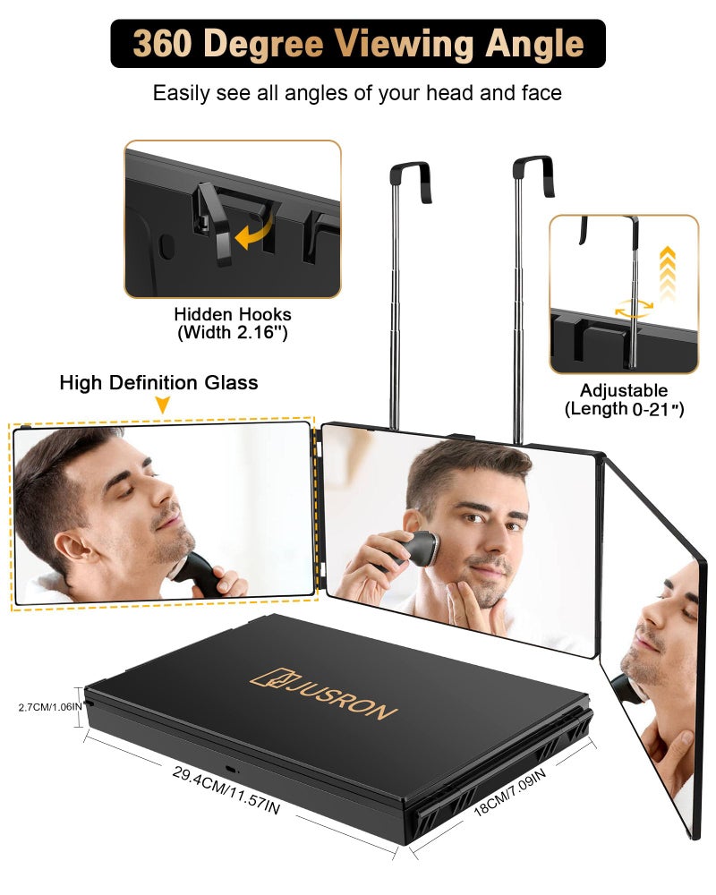 JUSRON 360 Viewing Angle Self Hair Cutting Mirror, Clear Anti-Fog HD Glass (Black Without LED Without Accessories) - Image 3