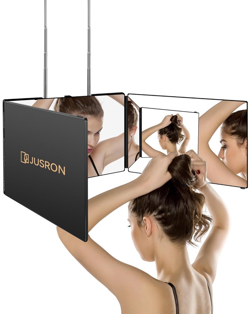 JUSRON 360 Viewing Angle Self Hair Cutting Mirror, Clear Anti-Fog HD Glass (Black Without LED Without Accessories) - Image 1