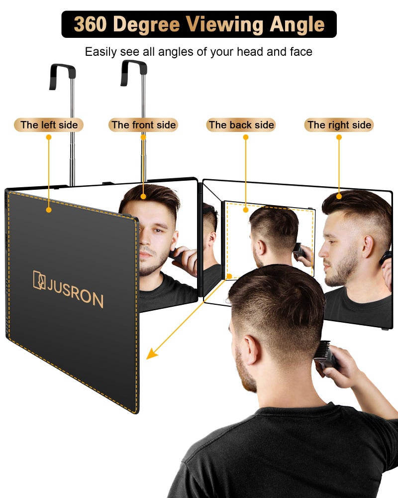 JUSRON 360 Viewing Angle Self Hair Cutting Mirror, Clear Anti-Fog HD Glass (Black Without LED Without Accessories) - Image 2