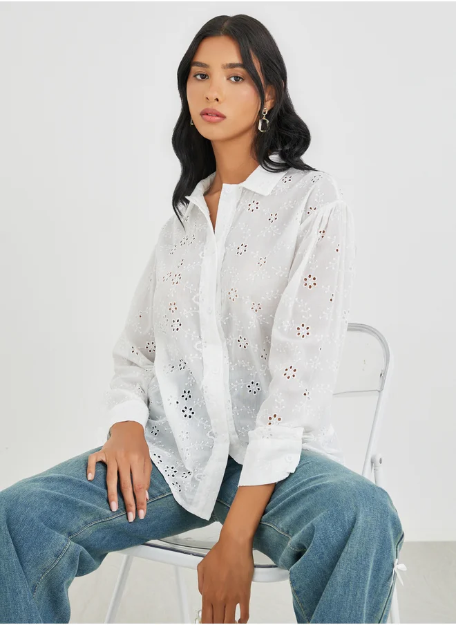 ستايلي Styli Embroidered Long Sleeve Oversized Shirt