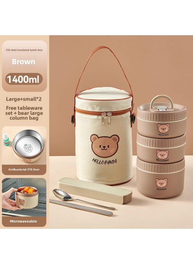 316 Food Grade Stainless Steel Insulated Lunch Box Microwave Oven Heating Soup Bowl Children Bento Box Portable Lunch Box Gift-Specifications:316: Brown-2 Small 1 Large + Soup Bowl Bag + Portable Tableware (bear Type)  - Image 1