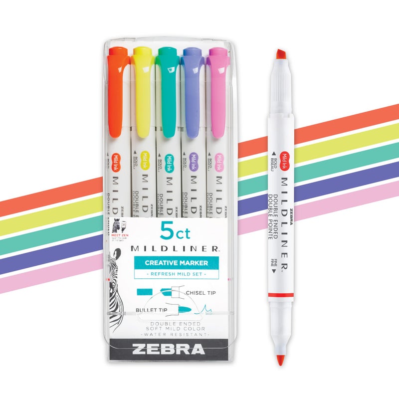 Zebra Pen Mildliner DualTip Highlighter Set Broad and Fine Tips No Bleed Ideal for Bible Highlighting Journaling NoteTaking and School Supplies Assorted Bright Ink Colors 5Pack 78405 - Image 2