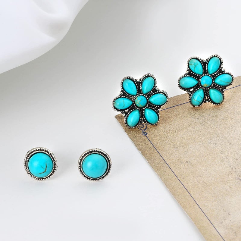 NEWITIN 14 Pairs Turquoise Stud Earrings for Women Hypoallergenic Earring â€ŒTurquoises Jewelry Gemstone Oval Round Flower Shape Square Studs Turquoise Earrings for Women - Image 3
