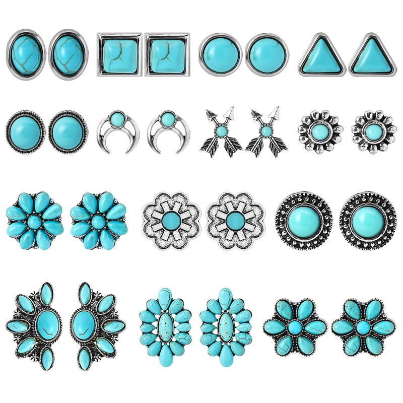 NEWITIN 14 Pairs Turquoise Stud Earrings for Women Hypoallergenic Earring â€ŒTurquoises Jewelry Gemstone Oval Round Flower Shape Square Studs Turquoise Earrings for Women - Image 1