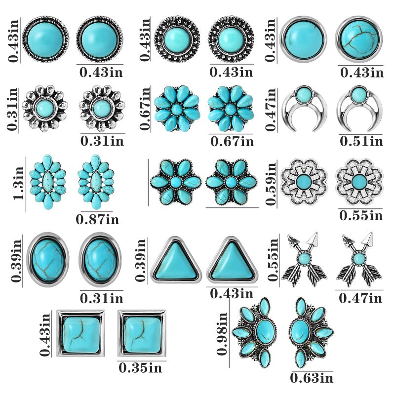 NEWITIN 14 Pairs Turquoise Stud Earrings for Women Hypoallergenic Earring â€ŒTurquoises Jewelry Gemstone Oval Round Flower Shape Square Studs Turquoise Earrings for Women - Image 2