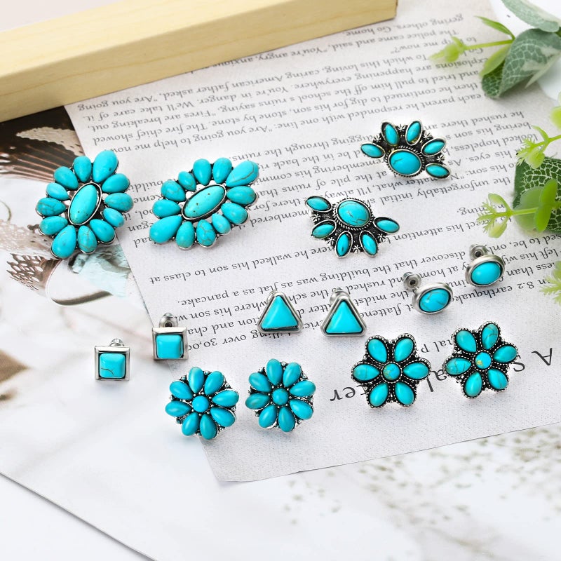 NEWITIN 14 Pairs Turquoise Stud Earrings for Women Hypoallergenic Earring â€ŒTurquoises Jewelry Gemstone Oval Round Flower Shape Square Studs Turquoise Earrings for Women - Image 4