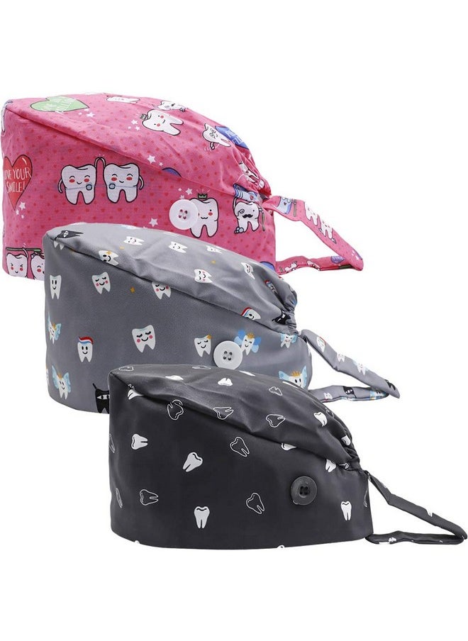 LUCKYBUNNY - 3Pcs Cute Teeth Working Cap With Button Women Men Breathable Lace Up Sweatband Work Hat Hair Cover (Cute Teeth) - Image 1