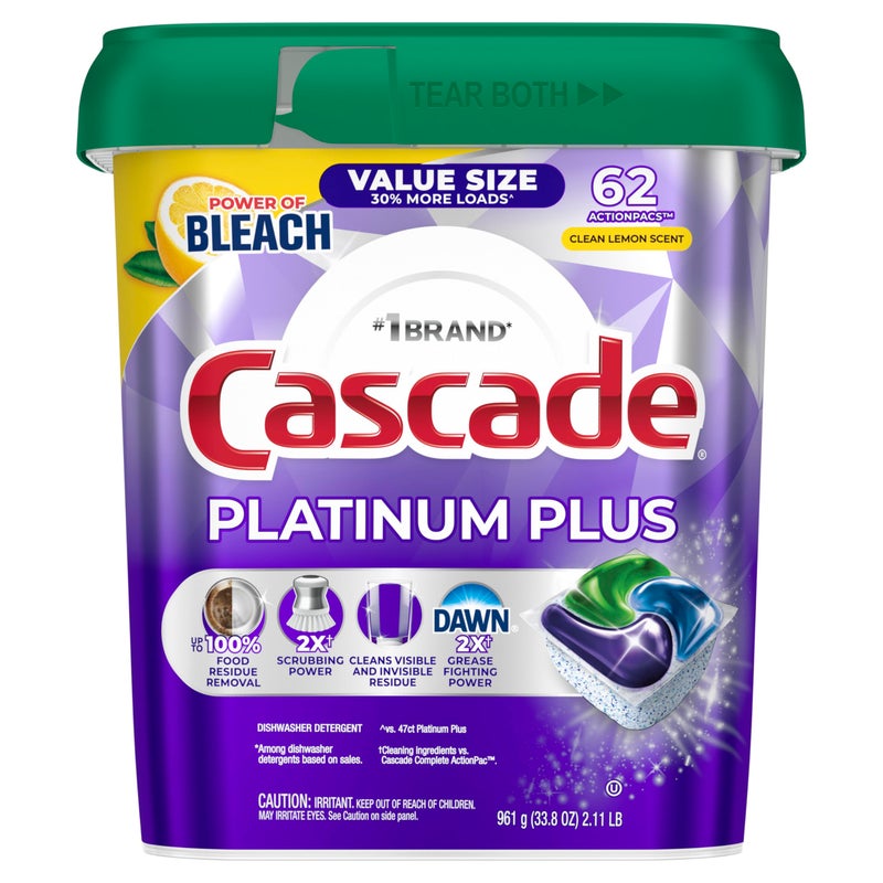 Cascade Platinum Plus Dishwasher Pods, Dish Detergent Soap, Clean Lemon Scent, 62 Count - Image 1