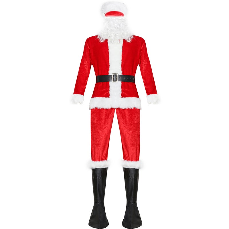 Mens Santa Costume M-4XL Christmas Outfit 053-Red hat, belt, top, pants, beard, boot