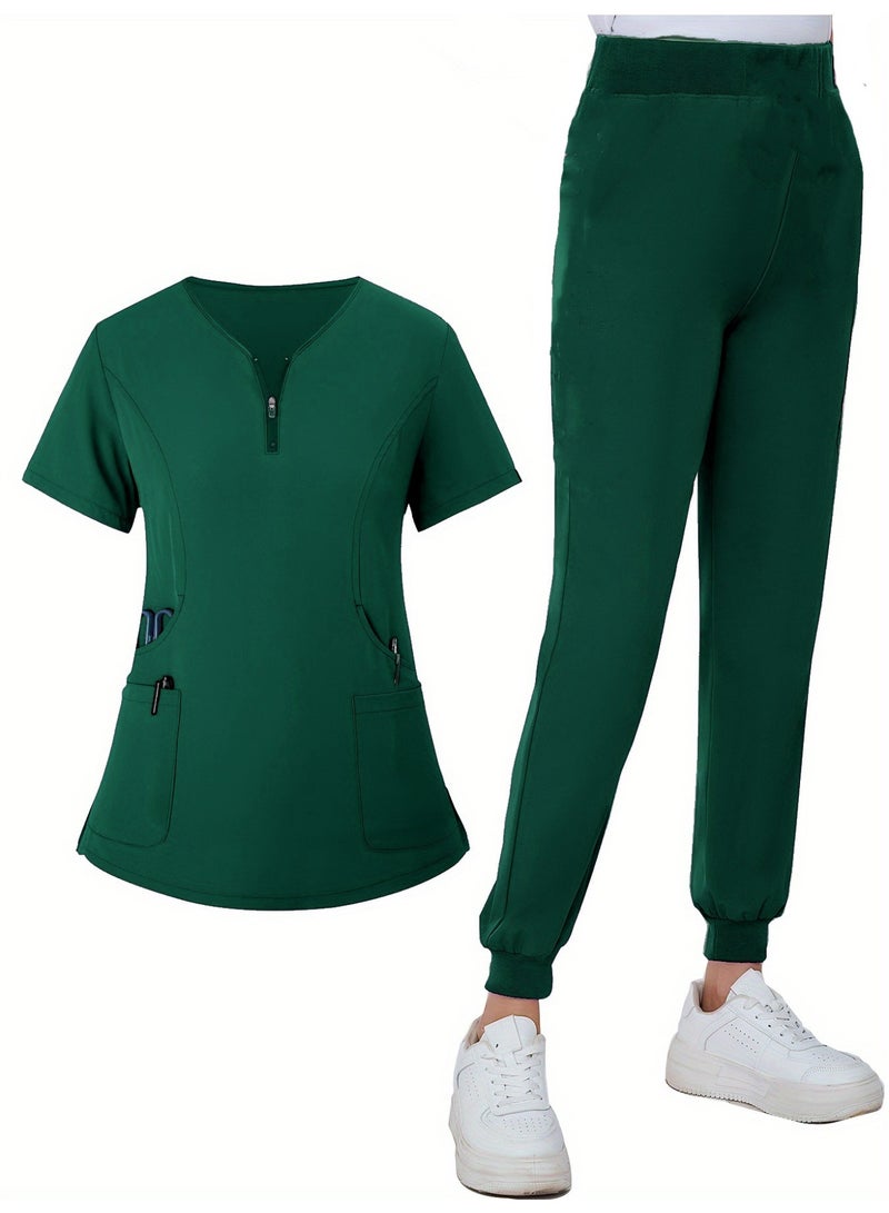Loquat Womens Men Medical Scrubs Set Medical Uniform Set Dark Green - Image 1