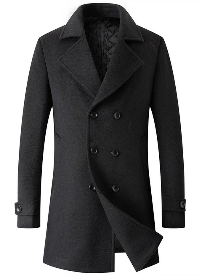 Loquat Men's Suit Collar Wool Blend Coat Winter Thick Trench Jacket Black  - Image 1