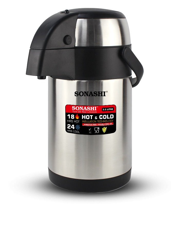 SONASHI - 3.5L Hot & Cold Airpot Flask with High-Quality Stainless Steel Insulation | Easy to Clean Flask with Pump Lid | Hot/Cold 18 & 24 Hours Retention | Pump Flask for Cold Drinks, Tea, Coffee SVF-3500 - Image 1