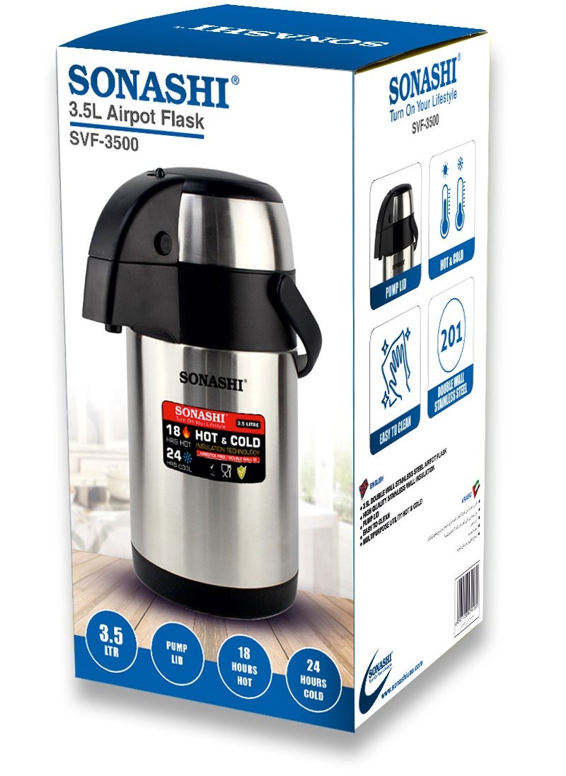 SONASHI - 3.5L Hot & Cold Airpot Flask with High-Quality Stainless Steel Insulation | Easy to Clean Flask with Pump Lid | Hot/Cold 18 & 24 Hours Retention | Pump Flask for Cold Drinks, Tea, Coffee SVF-3500 - Image 1