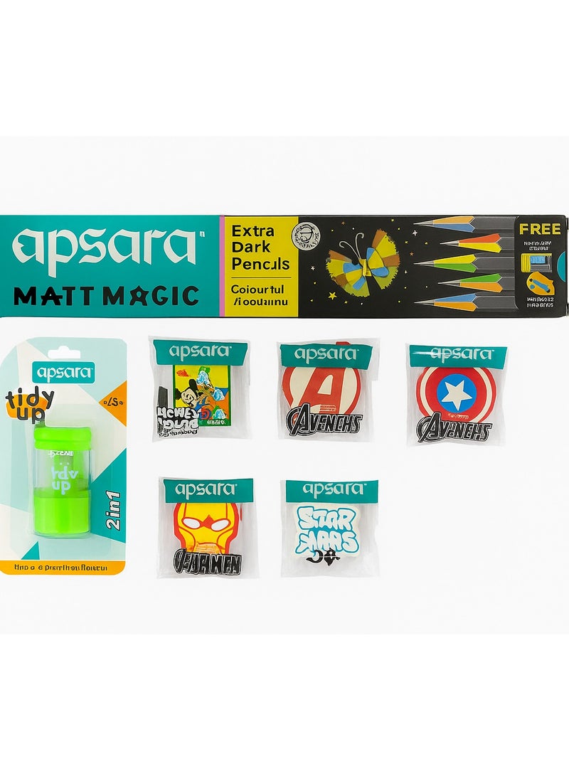 Apsara Matt Magic Extra Dark Pencils + 5PCS  Marvel & Disney Character Erasers + 2-in-1 Sharpener Combo Set – Kids Stationery Pack