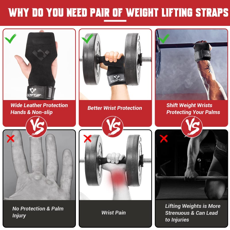 COFOF Weight Lifting Wrist Strap,Double Layer Leather Weightlifting Wrist Strap for Deadlift and Powerlifting, Adjustable Neoprene Padded Gym Workout Lifting Wrist Hooks for Men/Women(Pair) - Image 3