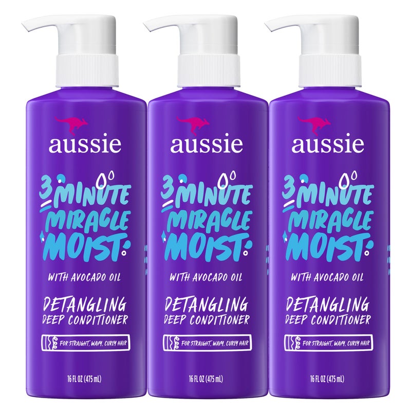 Aussie 3 Minute Miracle Moist Deep Conditioner for Dry Hair, Avocado & Jojoba Oil, Safe for Color Treated Hair, Nourishing Hydration, Silky Shine, Paraben-Free, 16 Fl Oz Each, Triple Pack