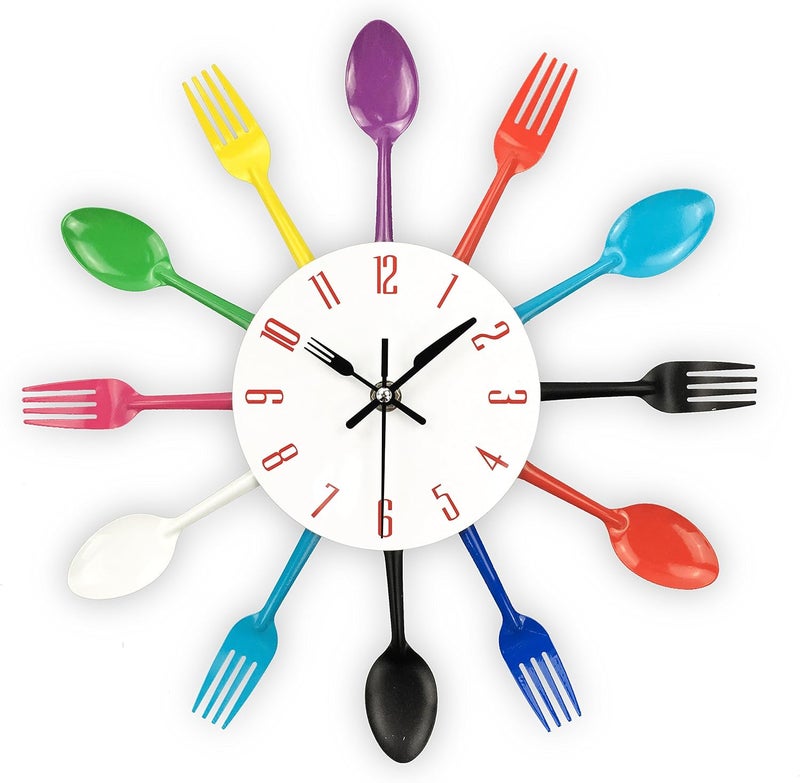 Timelike Kitchen Wall Clock, 3D Removable Modern Creative Cutlery Kitchen Spoon Fork Wall Clock Mirror Wall Decal Wall Sticker Room Home Decoration (Colorful) - Image 1
