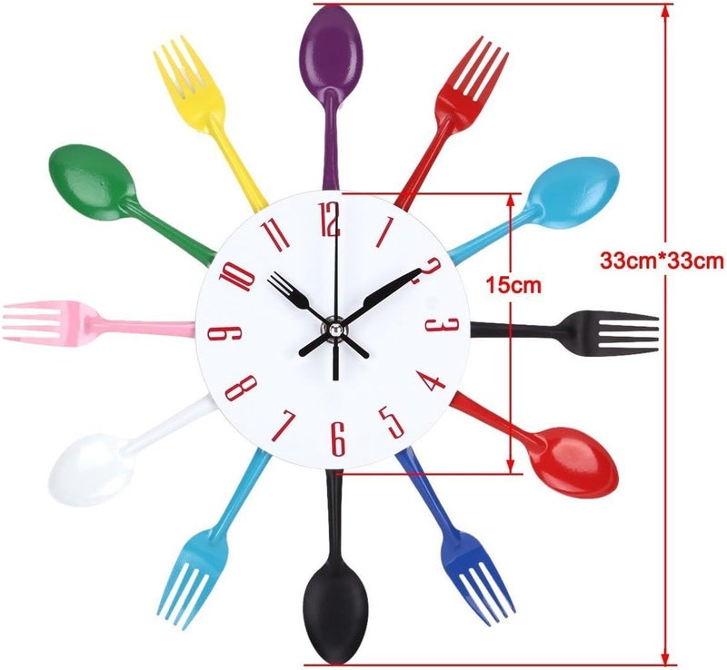 Timelike Kitchen Wall Clock, 3D Removable Modern Creative Cutlery Kitchen Spoon Fork Wall Clock Mirror Wall Decal Wall Sticker Room Home Decoration (Colorful) - Image 2