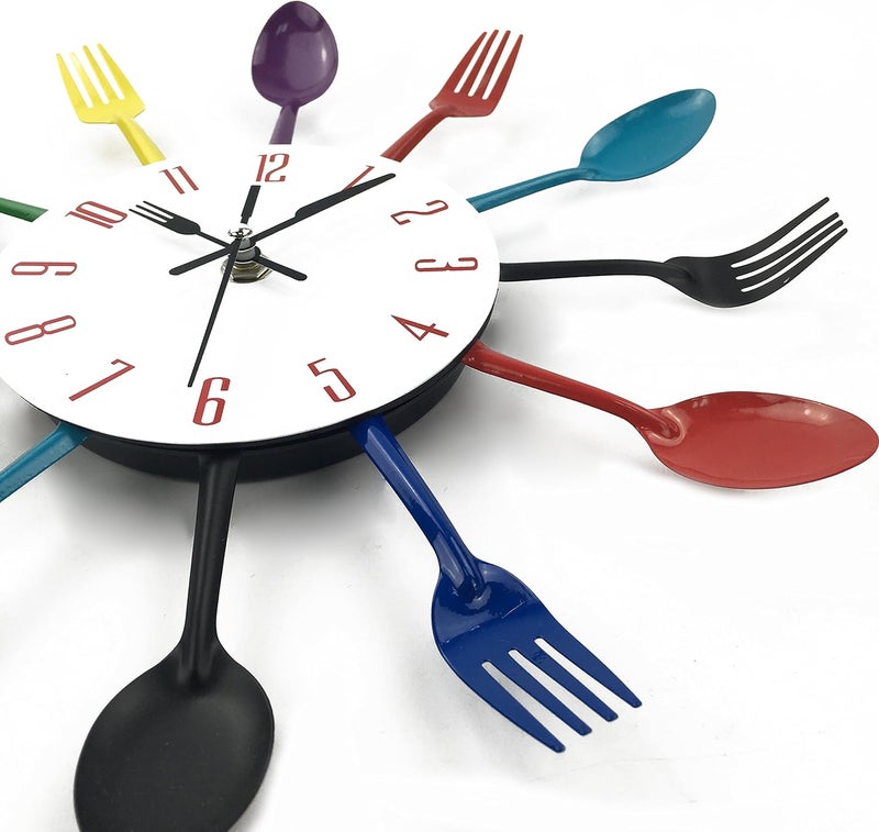 Timelike Kitchen Wall Clock, 3D Removable Modern Creative Cutlery Kitchen Spoon Fork Wall Clock Mirror Wall Decal Wall Sticker Room Home Decoration (Colorful) - Image 3