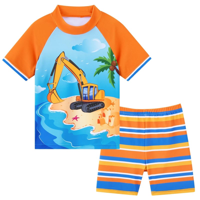 WAWSAM Kids Swimsuit Boys Two Pieces Truck Swimsuit Toddler Rash Guard and Trunk Beach Bathing Suit Quick Dry Short Sleeve Shirt Swimwear Set for Summer Surfing Holiday - Image 1