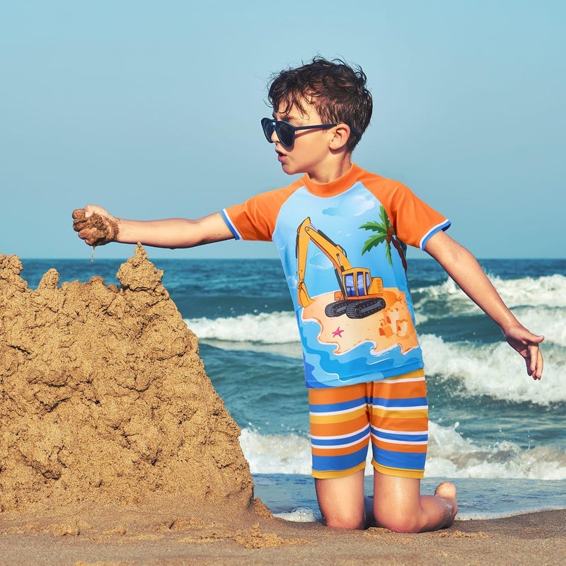 WAWSAM Kids Swimsuit Boys Two Pieces Truck Swimsuit Toddler Rash Guard and Trunk Beach Bathing Suit Quick Dry Short Sleeve Shirt Swimwear Set for Summer Surfing Holiday - Image 2