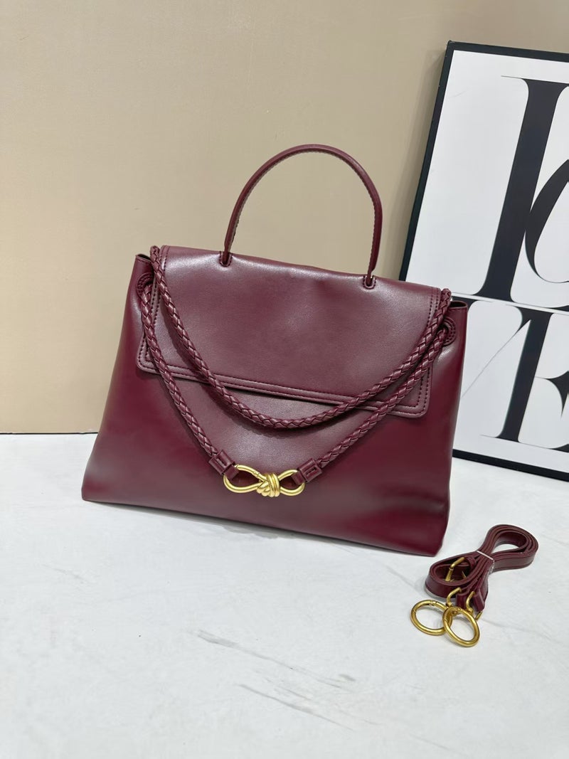 B Brand Glossy Cowhide Bow Gold Buckle Kelly Bag Shoulder Crossbody Handbag Tote Bag - Image 1