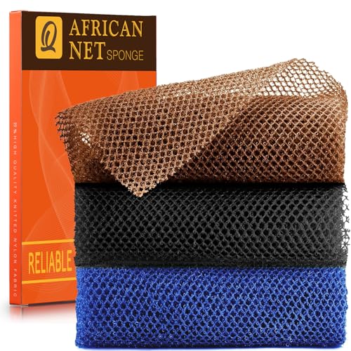 UJFQBH 3 Pieces African Bath Sponge African Net Long Net Bath Sponge Exfoliating Shower Body Scrubber Back Scrubber Skin Smoother,Great for Daily Use (Black、Blue、Brown) - Image 1