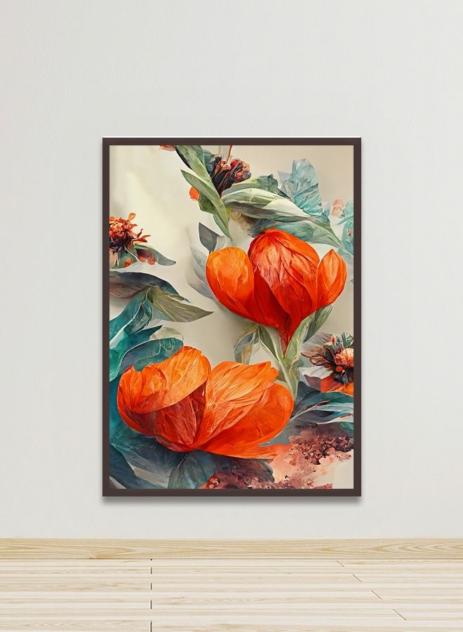 ماركتنا لوحة جدارية قماشية فنية لتزيين الحائط بتصميم ورود  مع برواز بني مجوف مقاس (120x80) قطعة واحدة - Image 1