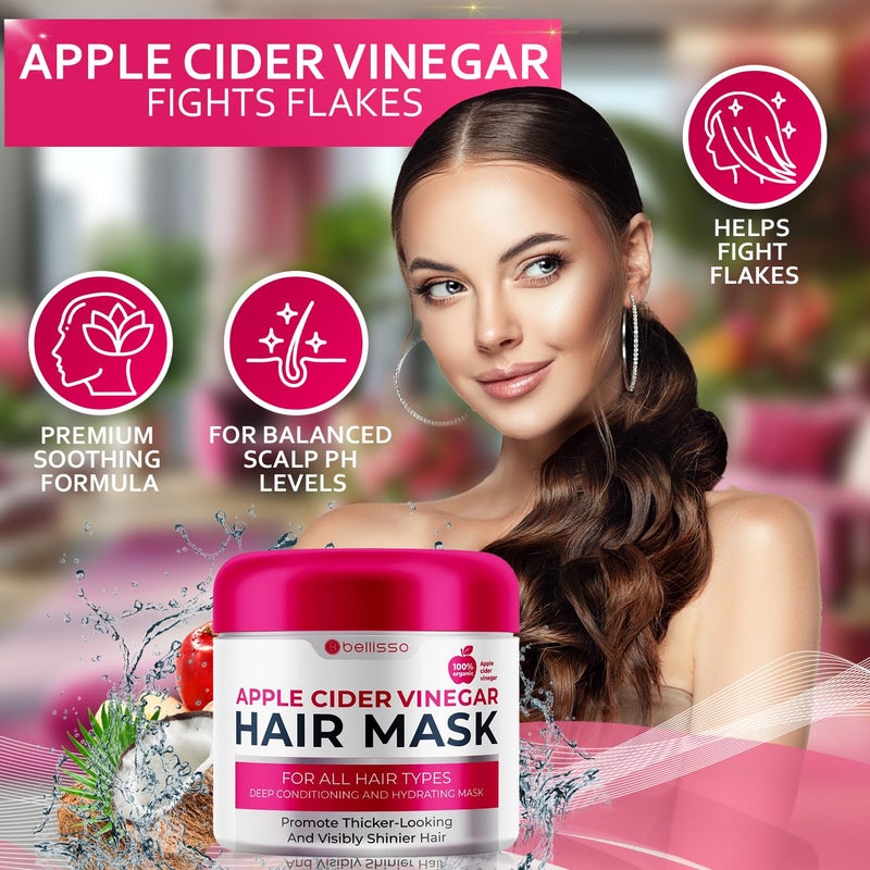 BELLISSO Apple Cider Vinegar Deep Conditioning Mask - Treatment for Dry Damaged Hair and Split End Repair - Sulfate Free Formula with Collagen, Keratin and Argan Oil - For Flaky Scalp and Dandruff Relief - Image 2